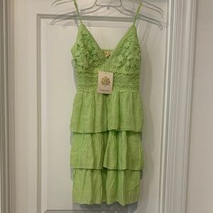 Rebellion Light Green l Tiered Mini Dress lace bodice smocked back small NWT